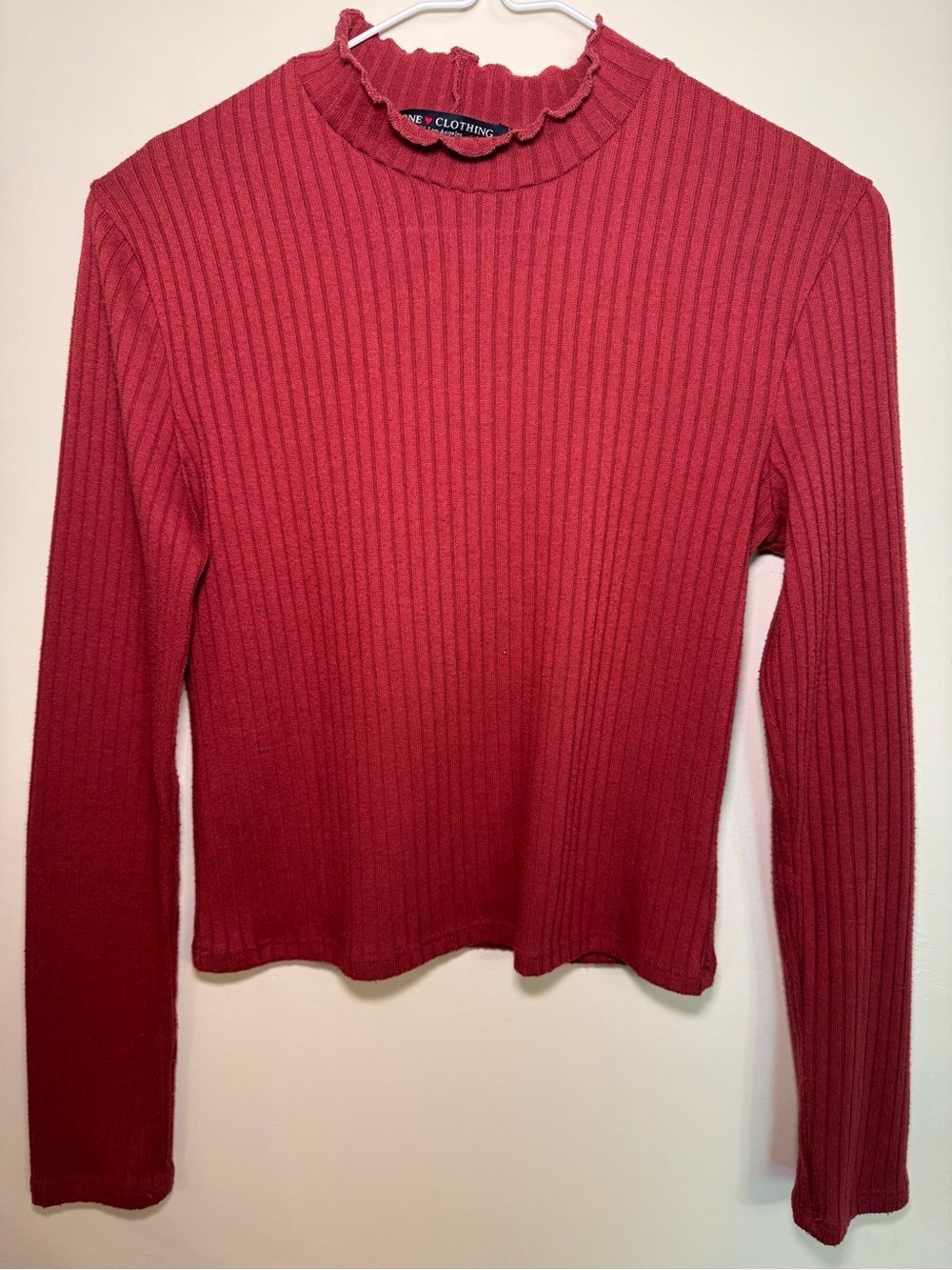 one clothing Ribbed Long-Sleeve Mock Ruffle Neck Top in Red